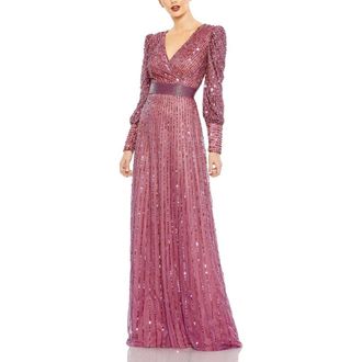 Mac Duggal Sequined Wrap Over Bishop Sleeve Gown in Mauve at Nordstrom, Size 10