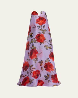Carolina Herrera Plunging Strapless Rosette-Print Silk Chiffon Gown