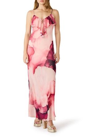 Steve Madden Maxina Cloud Print Ruffle Neck Maxi Dress in Coral Cloud at Nordstrom, Size Medium