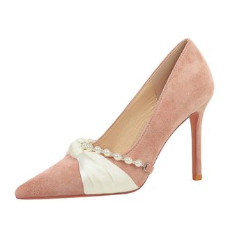 Generic Women Pointed Toe Stiletto High Heels 10CM Satin Wedding Pumps Pearl Chain Bow Suede Shoes for Bride Prom Party (Pink,2.5)