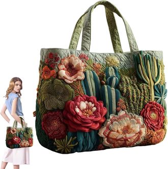 Generic Quilted Tote Bag, Embroidery Floral Animal Patchwork Bags, Boho Tote Bags for Women, Large Capacity Canvas Totes, Suitable for Office, Shopping, Appoi