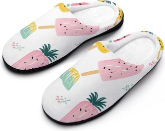 Generic Watermelon Pineapple Popsicles Cotton Slippers for Women Memory Foam Comfy House Shoes with Anti-Skid Rubber Sole
