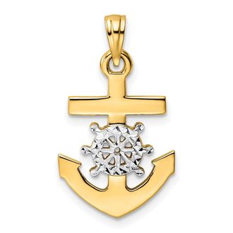 Diamond2Deal 14k Yellow Gold White Rhodium Diamond-Cut Anchor Ships Wheel Pendant