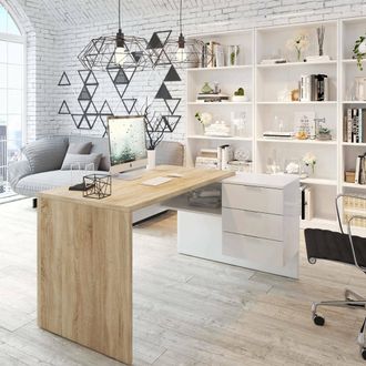 Dmora Escritorio Dfagg, Escritorio De Oficina Reversible Con Cajonera, Estudio De Esquina O Mesa De Pc De Oficina, 145x108h73 Cm, Roble Y Blanco - Dmora
