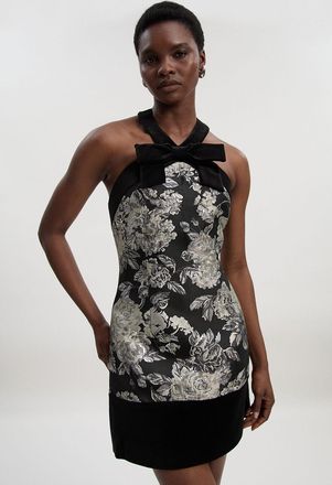Karen Millen Womens Petite Velvet And Jacquard Contrast Halterneck Tailored Mini Dress - Monochrome Multi - Size 16 UK
