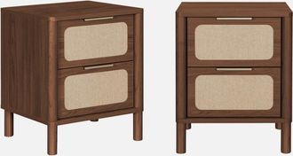 Sweeek Mesita De Noche Vintage Decorada Con Madera Y Rejilla 2 Cajones, Set De 2