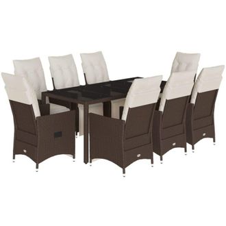 vidaXL Set De Mesa Y Sillas Jard&iacute;n 9 Piezas Y Cojines Rat&aacute;n Pe Marr&oacute;n Vidaxl