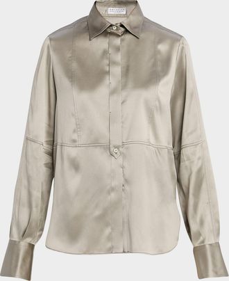 Brunello Cucinelli Stretch Satin Button-Down Shirt With Monili Trim