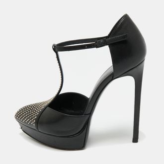 Saint Laurent Saint Laurent Black Leather Studded T-Bar Janis Platform Pumps 36.5