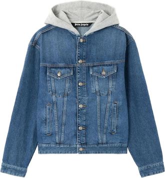 Palm Angels Curved Logo Hooded Denim Jacket - Heren - Spijkerjassen - Blauw - M - Denim - Jassen