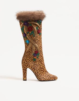 Valentino Garavani Stivale Hotty In Vitello Effetto Cavallino Con Ricamo Floreale E Pelliccia 100Mm Donna ANIMALIER 37.5