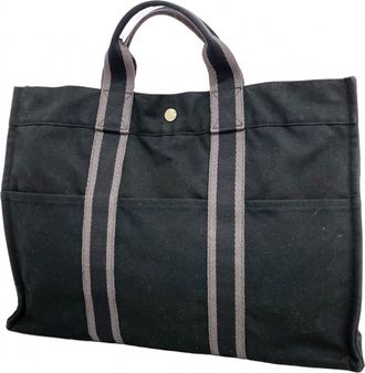 Herm&egrave;s Black Gray Canvas Tote Bag (Pre-Owned)