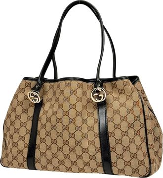 Gucci Black Brown Gg Canvas Leather Handbag Shoulder Bag Tote Bag (Pre-Owned)