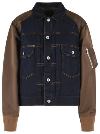 sacai Navy and Brown Cotton-Polyester Jacket with Denim Front Panel