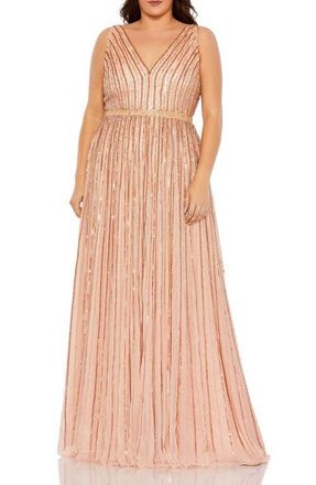 Mac Duggal Sequined Striped Sleeveless V Neck A Line Gown in Apricot at Nordstrom, Size 18W
