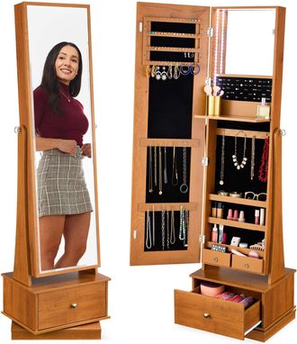 Best Choice Products 360 Swivel Standing Mirrored Jewelry Cabinet, LED-Lit Makeup Organizer w/ Mirror