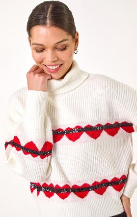 Roman Stripe Heart Cowl Neck Knit Jumper