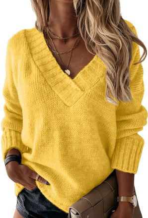 Generic Womens V-Neck Knitted Long Sleeve Jumper Casual Oversized Soft Acrylic Blend Chunky Knit Sweater,Tunic Pullover Comfortable Ladies Tops Yellow XL