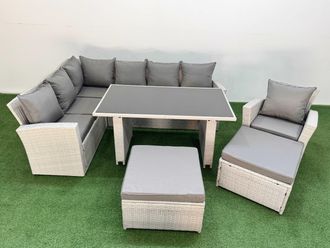 Fimous 9 Seater Wicker Rattan Corner Sofa Sets with 2 Big Footstool Armchair in Light Grey