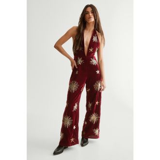 NASTY GAL Star Embellished Velvet Halter Jumpsuit in Wine at Nordstrom, Size 4
