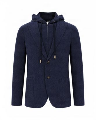 Eleventy Navy Blue Hooded Polyester-Blend Blazer
