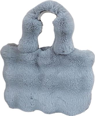 Generic Womens Plush Bags Women Fluffy Shoulder Bags Autumn Winter Top-handle Handbag Girls Plush Tote Bag Solid Color Commuter Versatile Handle(Grey)