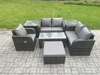 Fimous Rattan Outdoor Garden Furniture Sofa Set Patio Table & Chairs Set with Big Footstool 2 Side Tables Dark Grey Mixed