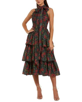 Mac Duggal Printed Chiffon Tie Neck Tiered Ruffle Ankle Dress