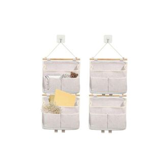 OEM Juego De 4 Organizadores Colgantes - Bolsa De Almacenamiento Colgante - Tela De Lino - Con 4 Ganchos - Almacenamiento De Pared Plegable (crema)