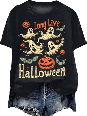 Generic Women T Shirts Halloween Ghosts Pumpkins T Shirt Skeleton Bats Tops Womens Witchy Halloween Shirt Kids Tee for Children Round Neck Tshirt for Girls Sp