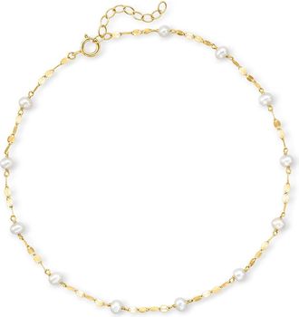 RS Pure by Ross-Simons 3-3.5mm Cultured Pearl Station Lumachina-Chain Anklet in 14kt Yellow Gold