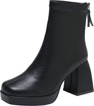 Generic Womens Fashion Leather Ankle Boots with Back Zipper and Chunky High Heel for Elegant Square Toe Design (Black, 4.5)