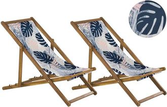 Beliani Set of 2 Folding Deck Chairs ANZIO with Replacement Fabrics Floral Motif Acacia Wood Light Brown