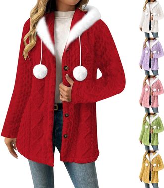 Generic BVEBJDX Women Christmas Jacket with Furry Hood, Winter Warm Hooded Coat Xmas Button Down Sweatshirts Casual Soft Outerwear Fuzzy Coats Fluffy Thick Ca