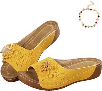 Generic Comfortable Non-Slip Solid Color Open-Toe Wedge Sandals for Women, Platform Arch Support Flip Flops Slides Slippers (Yellow, Adult, Women, 3, Numeric,