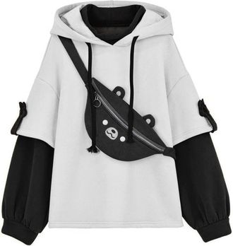 Generic Womens Teen Girls Cute Brown Bear Hoodie Korean Kawaii Long Sleeve Pullover Jumper Streetwear Harajuku Cartoon Tops Fashion Hoodies Patchwork Hooded S