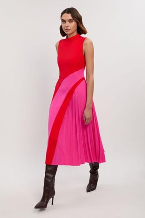 Karen Millen Womens Soft Tailored Colour Block High Neck Pleated Midi Dress - Pink - Size 12 UK