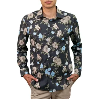 Lords of Harlech Nigel Button-Up Shirt in Augustus Floral Black at Nordstrom, Size Xx-Large