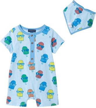 Andy & Evan Print Romper & Bib Set in Blue Ice Pop at Nordstrom, Size 12-18M