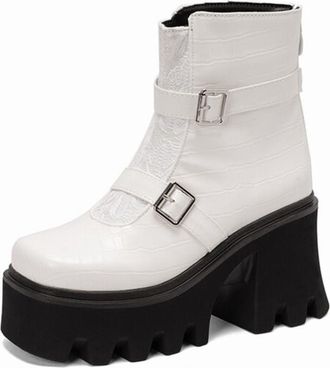 Generic Womens Punk Ankle Boots Buckle Straps Square Toe Crocodile Print Chunky Platform Heels Comfortable Non Slip Durable for Party Evening Daily,White,3.5 