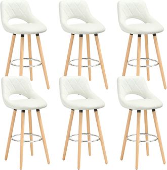 Woltu Woltu Juego De 6 Taburetes De Bar, Piel Sint&eacute;tica Y Madera Maciza Con Respaldo Y Reposapi&eacute;s 43x43x91cm Blanco
