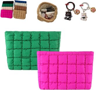 Generic Solid Color Quilted Design Clutch, Large Capacity Travel Storage Bag, Cute Quilted Puffer Makeup Bag,Women Travel Toiletry (2PCS-C)