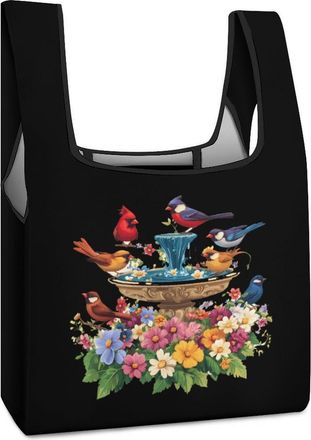 Generic Cardinal & Chickadee Birds Spring Flowers Shopping Bag Reusable Grocery Tote Bag Foldable Handbag for Travel Picnic