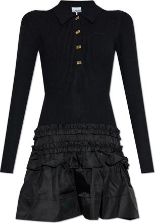 Ganni Jurk met ruches - Dames - Kleedjes - Zwart - XS - Nylon - Kleedjes