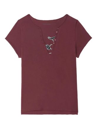 Zadig&Voltaire crystal-embellished V-neck T-shirt - women - Organic Cotton - L - Red