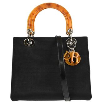 Dior Lady Dior Straw Black Nylon Handbag (Pre-Owned)
