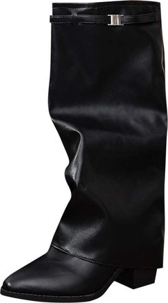 Generic Fold Over Boots Women Wide Calf Casual Long Boot Square Toe Stylish Chunky Heel Non-Slip Comfy Classic Pull On Mid Calf Boots Outdoor Party