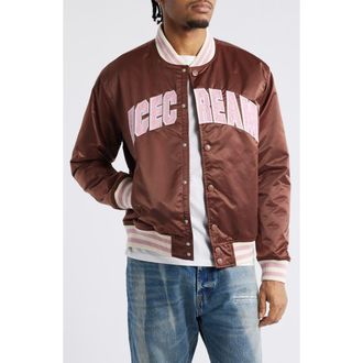 Icecream University Satin Graphic Snap-Up Jacket in Brunette at Nordstrom Rack, Size X-Large