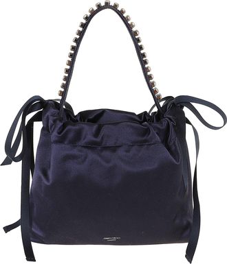 Jimmy Choo London Navy Blue Satin Crystal Handle Drawstring Mini Bag