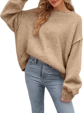 Generic Womens Round Neck Pullover Sweater Womens Plain Scoop Neck Sweater Solid Color-Crochet Tops for Women UK Soft Comfort Plain Jumper for Women Top Sweat